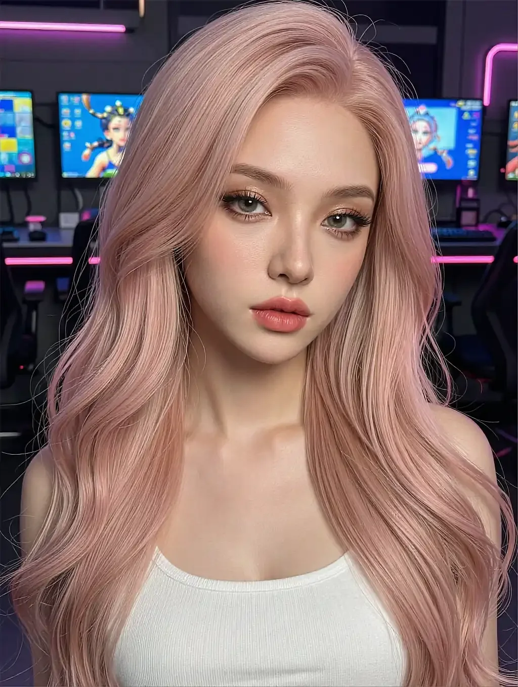 Hana, a pink-haired tsundere anime girlfriend, pouting under neon arcade light